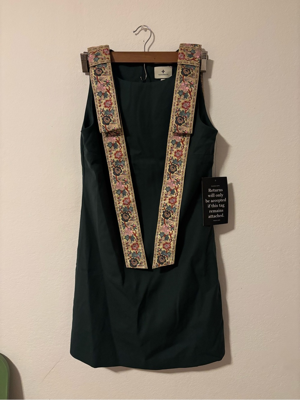Tuckernuck Forest Green Mini Dress with Embroidered Floral Straps